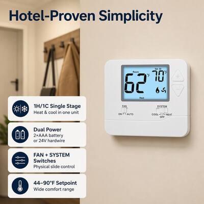24v Wired White Non Programmable 1 Heat 1 Cool Non-Programmable Hotel Home Thermostat For Hvac Operations Temperature Control In Commercial Buildings