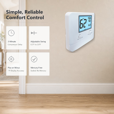 24V or Batteries Operated Physical Dimensions 4.72 W X 3.85 H X 1.06 D LCD Non Programmable Thermostat for Conventional Heating Cooling Systems 1H 1C Stages