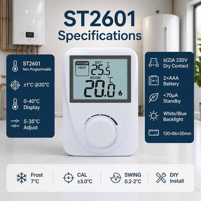 Ekran Sıcaklık Aralığı 3°C'den 37°C'ye Dijital Oda Kazan Termostatları Beyaz Renk Kompakt Boyut Sıcaklık Yönetimi Çözümleri