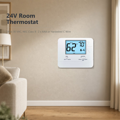 24V veya Pille İşletilen Fiziksel Boyutlar 4.72 W X 3.85 H X 1.06 D LCD Geleneksel Isıtma Soğutma Sistemleri için Programlanamayan Termostat 1H 1C Aşamalar