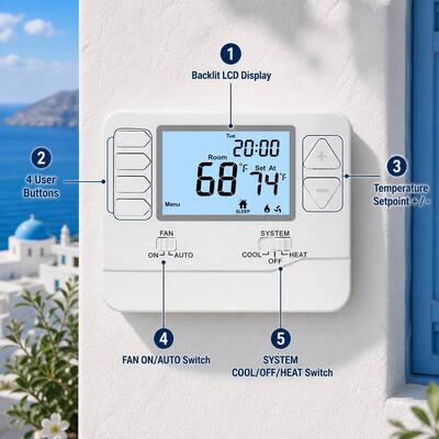 24V Geniş LCD Ekranlı HVAC Sıcaklık Kontrol Cihazı Kablolu Termostat 7 Gün 2 Isıtma 2 Soğutma Pil Gücü