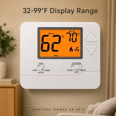 White LCD Display Batteries Operated Wall-mounted Electronic Room Heat Pump and PTAC Thermostat Non-programmable