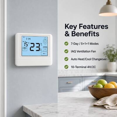 Otel ve Daire HVAC Sistemi için 24V veya Pille Çalışan Isı Pompası 7 Gün 2 Isı 2 Soğutma Dokunmatik Ekran LCD Termostat