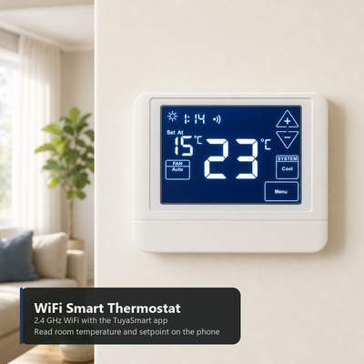 24V LCD Arkadan Aydınlatmalı 2 ISITMA 2 SOĞUTMA Elektronik Oda WIFI Akıllı TUYA Dokunmatik Ekran Termostat 4H 2C Isı Pompası Yardımcı veya Acil Isıtma Fonksiyonlu veya Fonksiyonu Olmadan